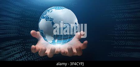 Global technologies. Male hands holding planet Earth on computer code background, collage. Copy space. Panorama Stock Photo