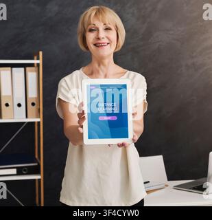 Mature teacher holding tablet computer with words DISTANCE LEARNING on screen, indoors. Collage Stock Photo