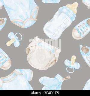 Blue baby bodysuits, beige diapers, baby bottles and shoes watercolor seamless pattern on gray background for nursery wallpaper, textiles, gift packag Stock Photo
