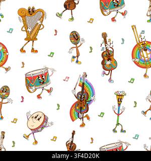 Cartoon groovy music sound characters in seamless pattern background. Y2K Groovy musical instrument characters pattern of funky guitar, trippy violin Stock Vector