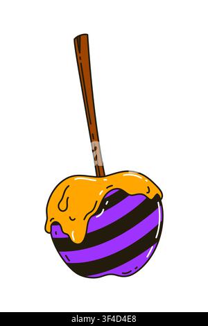 Groovy cartoon Halloween caramel apple with black and purple stripes on long wooden stick. Funky Halloween sweet dessert with retro 70s psychedelic vi Stock Vector
