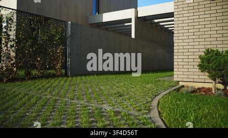 Modern architecture backyard with minimalist concrete wall, brick facade, green lawn pavers, and garden design Stock Photo