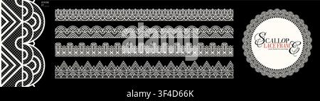 Seamless realistic textured lace border pattern pack isolated on black. Vintage crochet embroidery frame set. Classic ornament border trim ribbon line Stock Vector