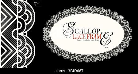 Realistic textured beige lace border oval frame isolated on black. Vintage crochet embroidery frame. Classic ornament border trim ribbon line. Vector Stock Vector