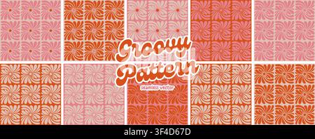 Psychedelic Floral Seamless Patterns Set Groovy Daisy Flower Hippie 60s, 70s Style Abstract Distorted Wavy Geometric Backgrounds Collection Stock Vector