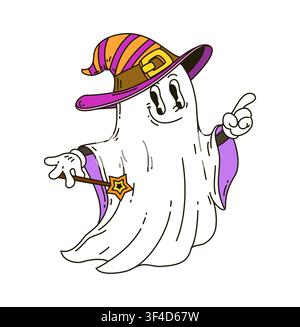 Funny groovy Halloween ghost wizard wearing pointed hat and holding magic wand with star. Retro vector spooky spirit with cool 70s rocker vibe for Hal Stock Vector