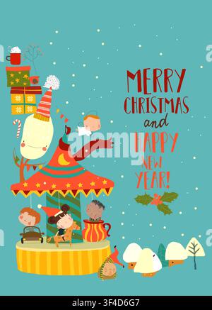 Cute Cartoon Christmas Frame With Children riding Merry-go-Round Stock Vector