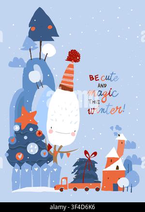 Cartoon Winter Landscape With Little Village and Christmas Tree Stock Vector