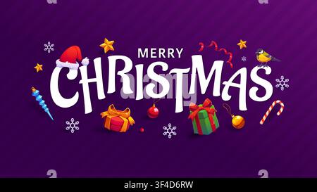 Merry Christmas greetings banner with purple background. Holiday greeting surrounded by winter Christmas ornament, gifts, snowflakes, stars, candy can Stock Vector
