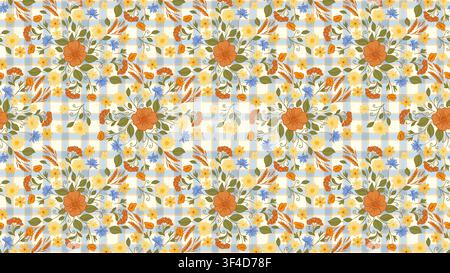 Cottagecore Seamless Floral Pattern with Wildflowers, Gingham Plaid, Daisy, Cornflower, Poppy, Meadow Flowers, Rustic Botanical Vintage Fabric Stock Vector