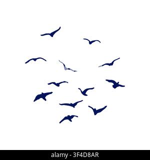 Flock of Flying Birds Silhouette Soaring in Sky Isolated Vector Design Element, Wildlife Migration, Freedom and Grace Hand Drawn Sign of Dove Stock Vector