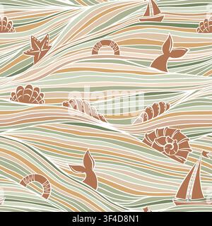 Summer Boho Sea Waves Line Art Seamless Pattern Vector Background in Beige Green, Hand Drawn Ocean, Boats and Seashells, Dolphin Tails Bohemian Marine Stock Vector