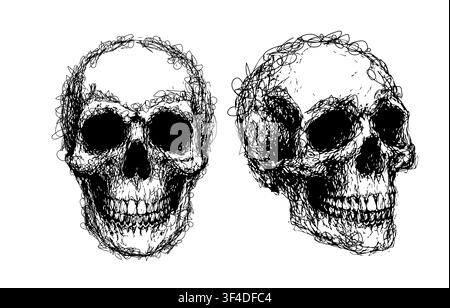 Skull swirls pen objects Hand drawn vector illustration. Stock Vector