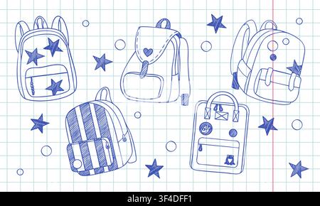 Blue ballpoint pen school backpack sketch set Stock Vector