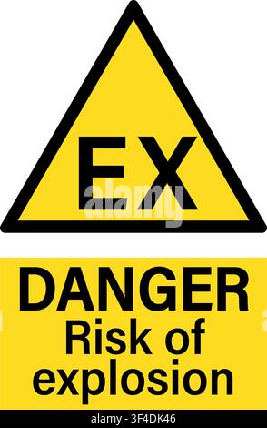Danger risk of explosion. Explosive atmosphere. Yellow triangle warning sign with symbol and text. Stock Vector