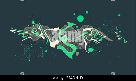 Abstract futuristic background with dynamic green and beige fluid waves, mesh grid, geometric lines. Vector Stock Vector