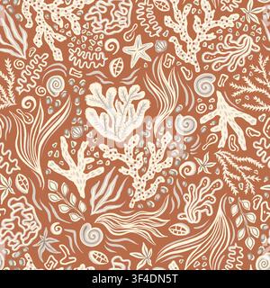 Underwater Seashells and Coral Seaweed Summer Seamless Pattern, Vector Marine Sea Life Illustration Gold Brown Monochrome Bohemian Fashion Fabric Stock Vector