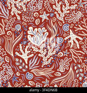 Underwater Seashells and Coral Seaweed Summer Seamless Pattern, Vector Marine Sea Life Illustration in Bold Brown Red Bohemian Fashion Fabric Textile Stock Vector