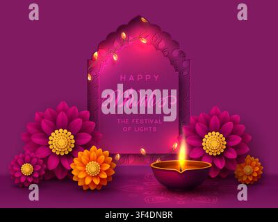 Happy Diwali festival vector background. Purple arch frame with burning clay diya lamp, glowing string lights and paper cut style flowers. Festival of lights template. Stock Vector