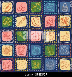 Mediterranean Hand Drawn Tiles with Farmers Market Products Hand Drawn Doodle Goods of Vegetables and Bakery in Summer Spanish or Portuguese Square Stock Vector