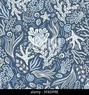 Underwater Seashells and Coral Seaweed Summer Seamless Pattern, Vector Marine Sea Life Illustration Navy Blue Monochrome Bohemian Fashion Fabric Stock Vector
