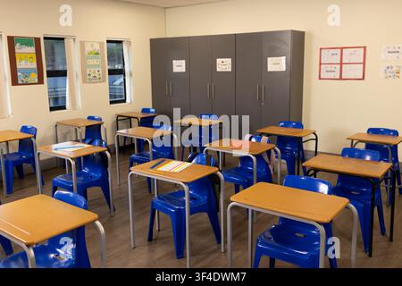 Single-student desks are sitting in staggered rows in classroom, with blue chairs and folders Stock Photo