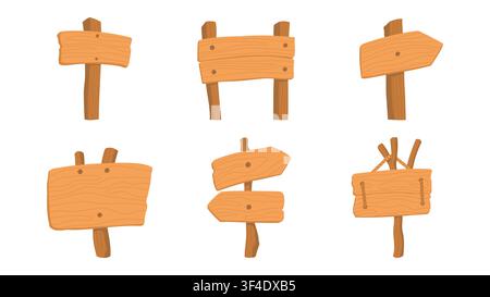 Wooden signpost set isolated on white background. Rustic sign boards with multiple arrow, planks and posts in different layouts. Banners in wood textured hand drawn style Stock Vector