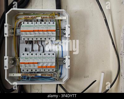 Kirov, Russia - February 26, 2026: A hand is switching a circuit breaker in an electrical panel mounted on a wall to manage household electricity and Stock Photo