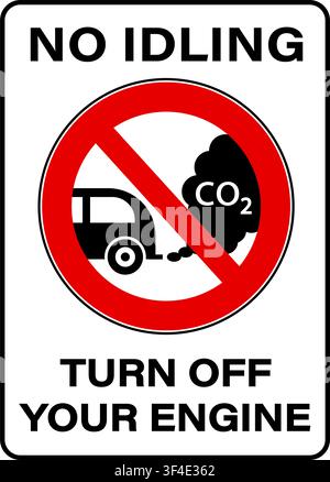 No idling, turn off engine. Prohibition sign with car silhouette and carbon monoxide symbol Stock Vector