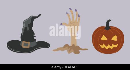 Hand-drawn Halloween illustrations with pumpkin Jack-o-lantern face, witch hat and zombie hand for seasonal decor Stock Vector