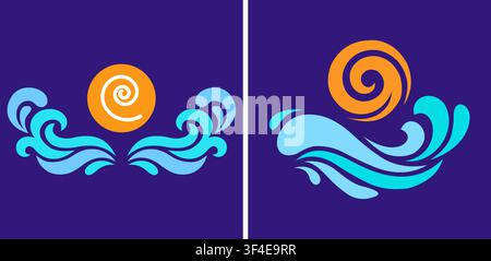 Abstract illustration featuring a swirling orange sun above stylized blue ocean waves on purple Stock Vector