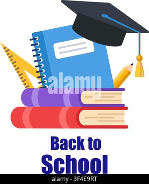 Back to school concept with graduation cap books and stationery on a white background Stock Vector
