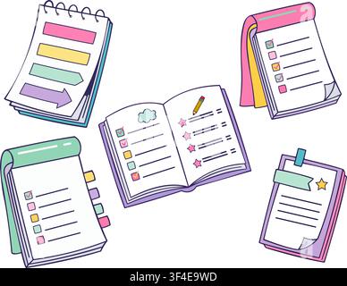 Collection of hand drawn colorful note pads and planners with checklists and sticky notes isolated Stock Vector