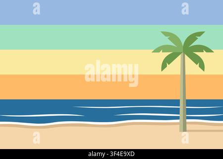 Minimalist flat vector illustration of a tropical beach scene with a single palm tree Stock Vector