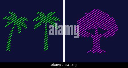 Abstract minimalist graphic design featuring green palm trees and a purple deciduous tree silhouette Stock Vector