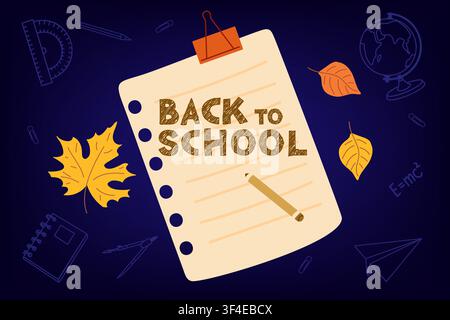 Notebook sheet with Back to School lettering on dark chalkboard background. Autumn seasonal promotions. Student lifestyle branding Stock Vector
