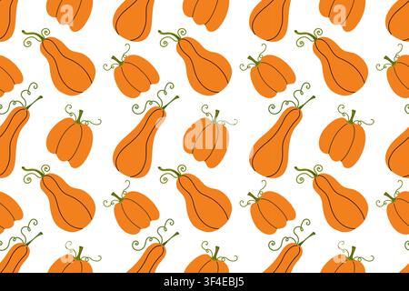 Orange pumpkins of different varieties in seamless pattern. Flat vector illustration for autumn harvest, Halloweenr, farm market Stock Vector