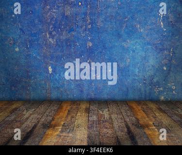 Abstract studio backdrop with old wood parquet and blue texture wall Stock Photo