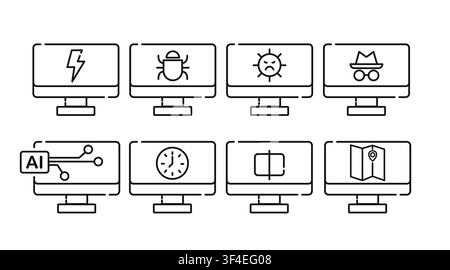 Set of 8 desktop computer vector icons. Black line art style on white background. PC monitors with lightning bolt, virus malware, incognito mode, AI, Stock Vector