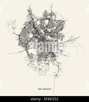 High-contrast, minimalist urban road map of San Antonio, capturing the expansive concentric loop system, branching neighborhood grids Stock Vector