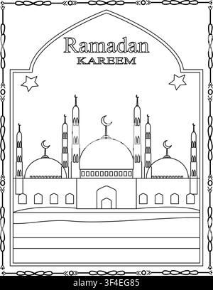 Black and white coloring page illustration of a Muslim boy and girl in front of a mosque during Ramadan Stock Vector