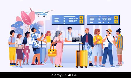 Summer airport travelers group waiting check-in counter airplane tropical leaves colorful outfits luggage holiday vacation concept banner Stock Vector