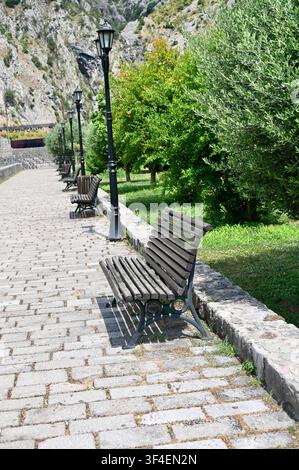 A scenic paved pedestrian pathway lined with classic black street lamps and wooden park benches, surrounded by lush green trees and towering limestone mountains in Kotor, Montenegro. Ideal for travel, tourism, urban park, and Mediterranean landscape concepts. Stock Photo