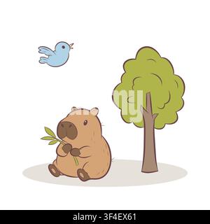 A vector illustration of a cute capybara eating leaves under a tree Stock Vector