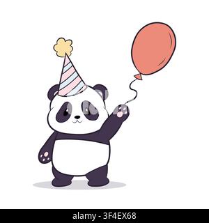 A vector illustration of a cute panda wearing a party hat and holding a balloon Stock Vector