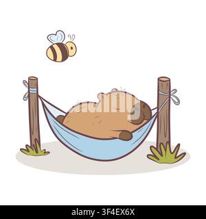 A vector illustration of a capybara relaxing in a hammock and a bee Stock Vector