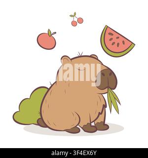 A vector illustration of a capybara eating leaves and summer fruit Stock Vector