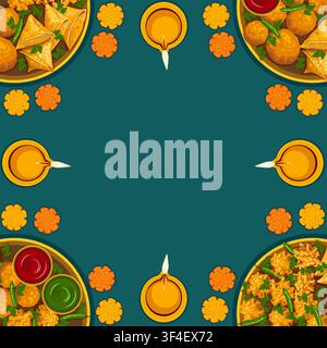 Festive Diwali square template featuring glowing diyas, marigolds and Indian snack thali with samosas, pakora, vada and chutneys with copy space. Stock Vector