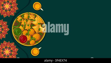 Horizontal Diwali food banner showing a thali with samosas, pakora, chutneys, diyas and rangoli on an emerald background with copy space. Stock Vector