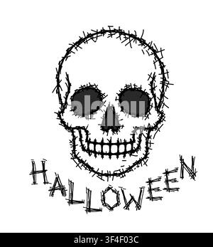 Skull swirls pen objects Happy Halloween Hand drawn vector illustration. Stock Vector
